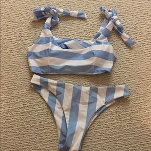 blue and white striped bikini